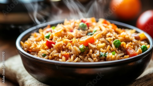 Wallpaper Mural A close-up shot of steaming curry fried rice served in a bowl, showcasing the mix of colorful ingredients and aromatic spices in a cozy dining setting. Torontodigital.ca