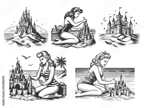 pin-up girls in swimsuits sculpting elaborate sandcastles on the beach Set collection bundle sketch engraving generative ai vector illustration. Scratch board imitation. Black and white image.