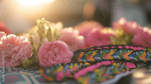 Delicate pink flowers with ruffled petals and unopened buds in warm sunset glow, colorful woven bracelets with vibrant pink, blue, green, yellow, and black patterns, soft blurred golden background, 