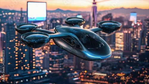 Futuristic air taxi over city skyline.  Autonomous, electric vehicle,  modern transportation, urban flight, aerial taxi, future city,  drone vehicle, personal air travel,  vertical takeoff, landing photo