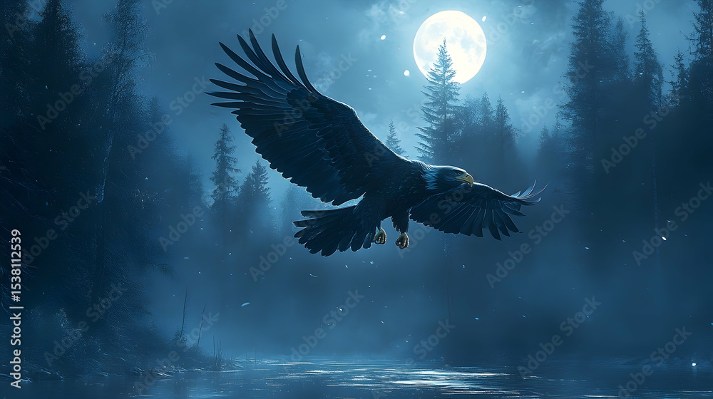 Fototapeta premium Majestic eagle soars through a moonlit forest.