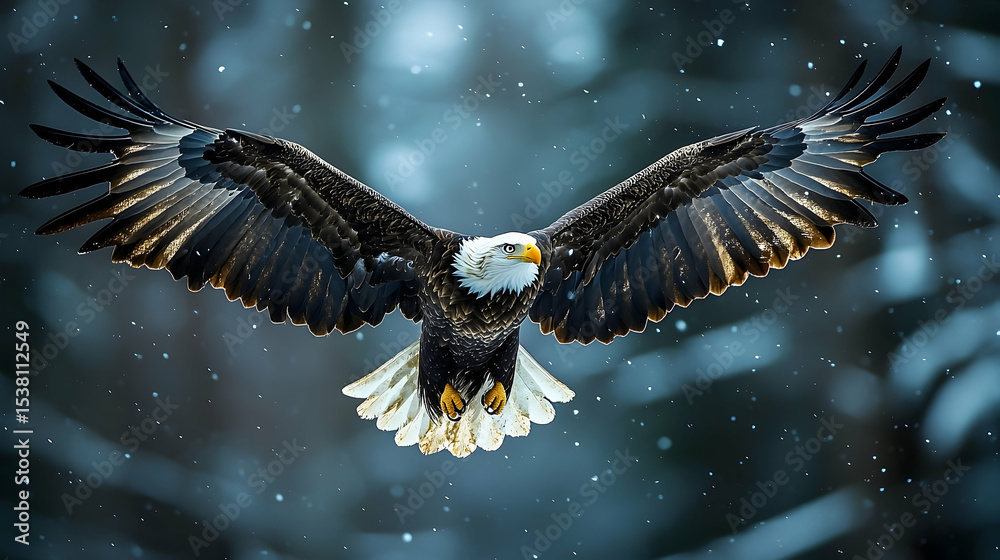 Fototapeta premium Majestic bald eagle soaring through a wintery landscape.