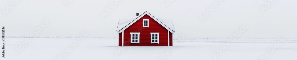 Tranquil winter. Red scandinavian cabin in snowy landscape for seasonal design Tranquil winter. Red scandinavian cabin in snowy landscape for seasonal design