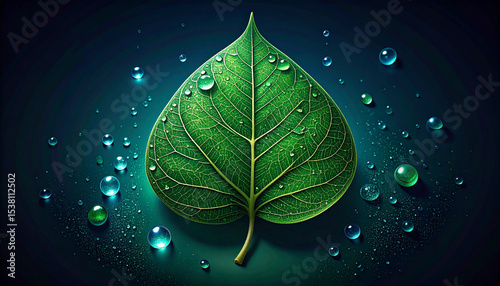 Leaf with Water Droplets falling down and dark scene