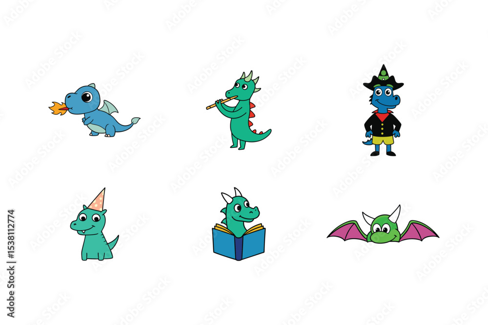 Fototapeta premium Cute Cartoon Dragons Vector Set for Kids Projects