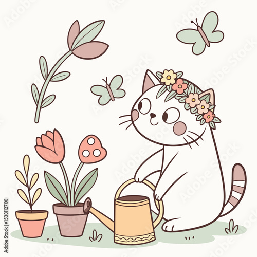Whimsical Cat feeling Shy in a Spring garden setting with with a flower crown – colored in Spring Garden