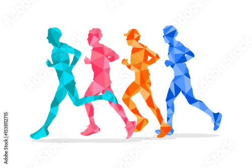 Geometric runner set in rainbow colors isolated on white background. Running colorful vector illustration.
