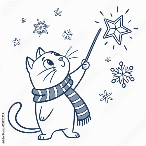 Playful Curious Cat design, styled with with a magic wand and Frosty Winter shades in a Cozy winter setting