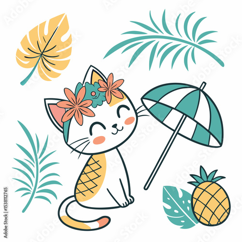Whimsical Cat feeling Playful in a Tropical setting with with a flower crown – colored in Tropical Vibes