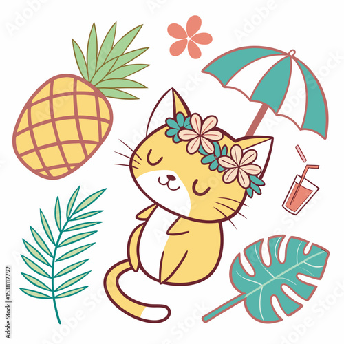 Whimsical Cat feeling Playful in a Tropical setting with with a flower crown – colored in Tropical Vibes