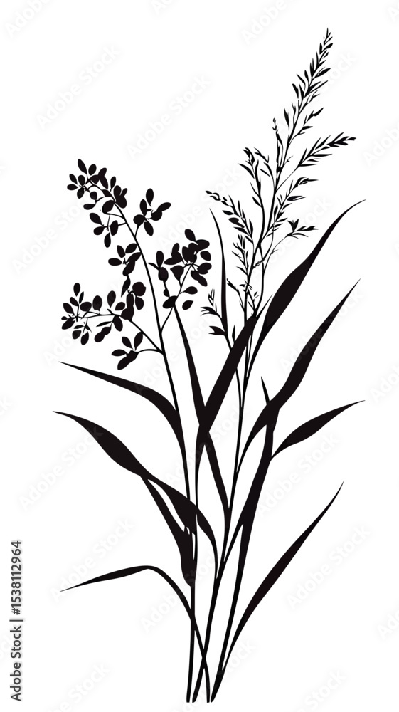 Fototapeta premium Black and white silhouette of grass and wild plants with slender leaves and seed clusters in minimalist flat vector style