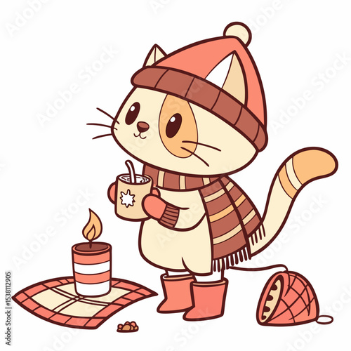 Funny Cat with wearing rain boots, set in a charming Christmas theme – Warm Cozy color vector art