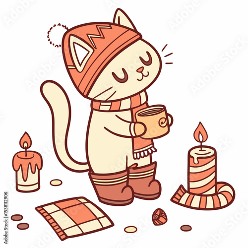 Funny Cat with wearing rain boots, set in a charming Christmas theme – Warm Cozy color vector art