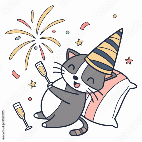 An adorable Cat with a Excited vibe, hugging a pillow, and a Midnight Sparkle New Year celebration theme – SVG style