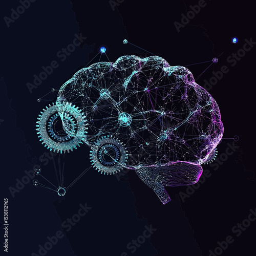 3d digital wireframe brain with interconnected network nodes and glowing gears symbolizing artificial intelligence and machine learning concept on dark background