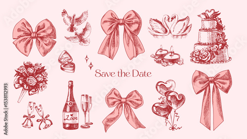 Hand drawn wedding set with bows, swans, rings, hearts, and champagne. Elegant mood. Wedding invitation, greeting card, bridal decor. Vintage sketch vector illustration.