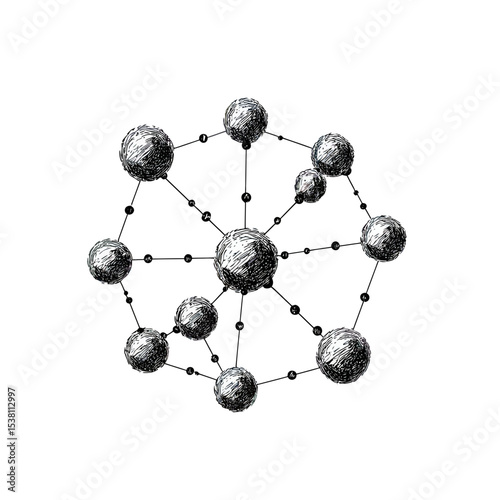 Hand-drawn black and white molecular structure with interconnected spheres and lines representing atoms and bonds in scientific sketch style on white background