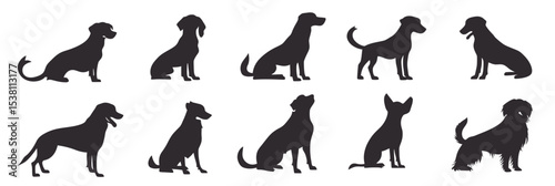 Silhouette vector set of various dog breeds in different poses sitting standing and playful minimal flat style pet icons collection