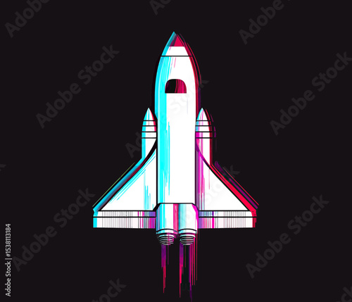 Glitch style white space shuttle with anaglyph 3D effect launching against dark background flat minimal vector illustration digital cosmos concept