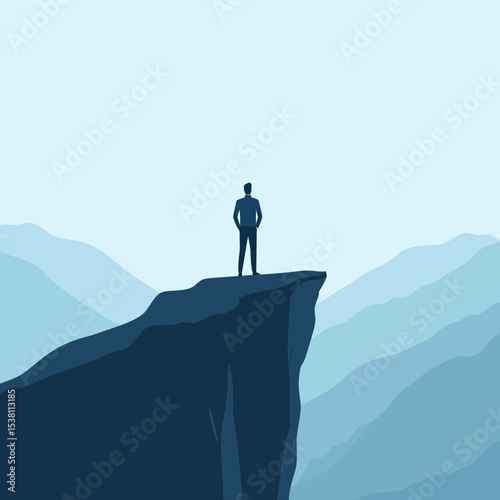 Businessman standing on cliff edge overlooking mountain landscape with distant peaks in minimal flat vector style depicting achievement and challenge concept