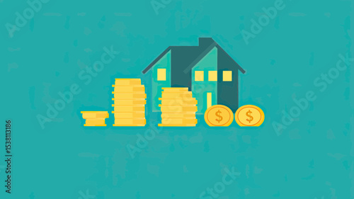 Stacked gold coins with home silhouette symbolizing real estate investment, property value growth, and financial planning concepts in flat design
