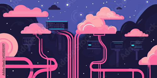 Cloud computing network connection with servers data transfer storage and digital infrastructure concept flat vector illustration in futuristic night setting