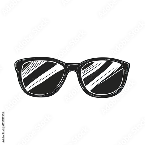 Hand drawn black sunglasses doodle sketch style with reflective lenses isolated on white background modern summer eyewear accessory image