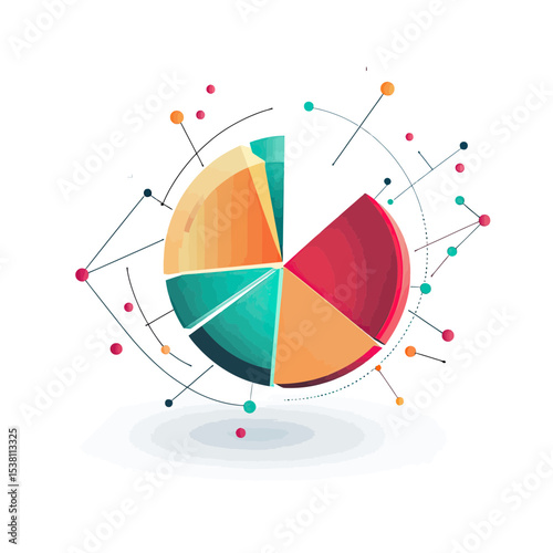 3D colorful segmented pie chart with abstract connected dots and lines representing business data analysis and statistics visualization concept vector illustration