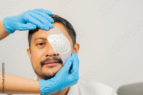 A doctor's hand wearing blue medical gloves is applying a bandage to an adult patient's eye.