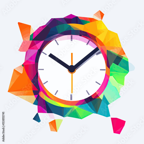 Abstract colorful polygon clock face with hour, minute, and second hands in flat minimalist vector design concept for time management and creativity