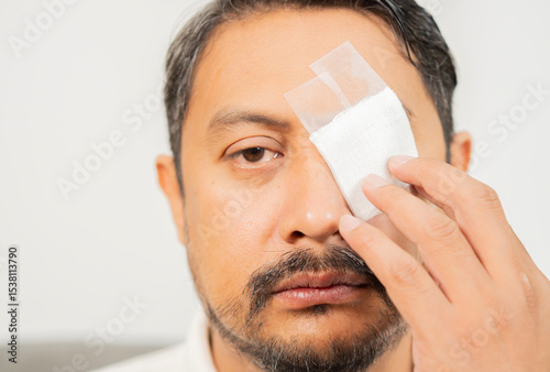 Close-up mature Asain sad man covering his eye with the bandage on a white background