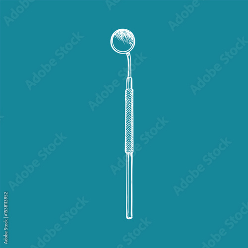 Dental mirror tool for professional dental hygiene, illustrated in a hand drawn vector line style. Oral care, stomatology. Simple outline doodle clipart isolated