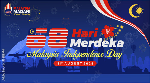 68th Anniversary of Malaysia Independence Day 2025 Vector Illustration. Design with 68 logo and iconic landmarks background. Malaysia Hari Merdeka "Independence Day" 2025 background, banner, template.