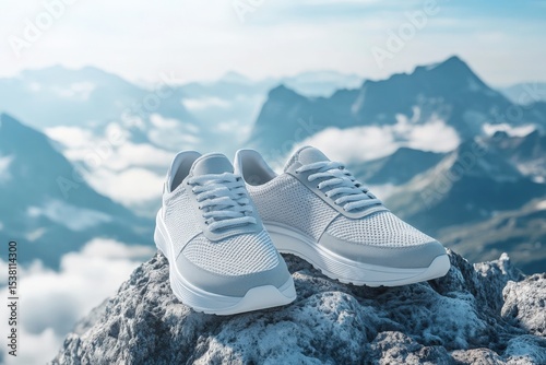 Sneakers on Mountain Peak: A pair of pristine sneakers sits atop a rocky mountain peak, with majestic snow-capped mountains fading into the distance in a breathtaking landscape.