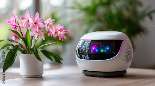 Smart home robot and orchid on table