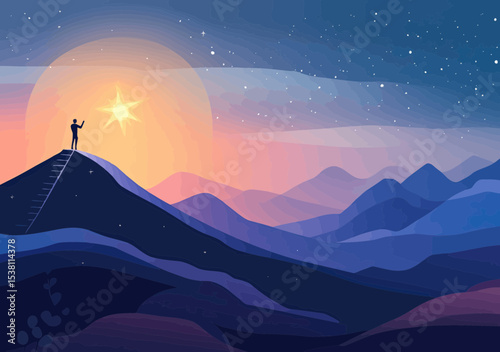 Silhouette of person standing on hilltop with ladder reaching for glowing star under starry night sky over mountain landscape at sunset aspiration success concept