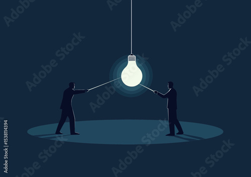 Two business men pulling bright light bulb pendulum in dark space symbolizing teamwork collaboration idea and creative energy transfer concept vector illustration