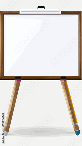 Wooden tripod easel with blank whiteboard for drawing writing or presentation isolated on white background minimal flat vector illustration