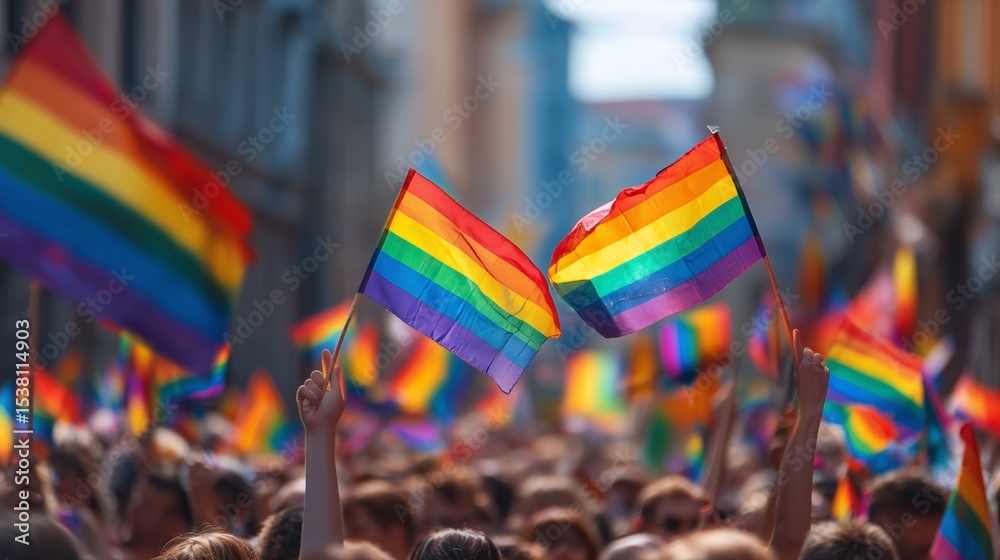 Fototapeta premium Crowd celebrates diversity at vibrant gay pride event with rainbow flags waving enthusiastically in the air
