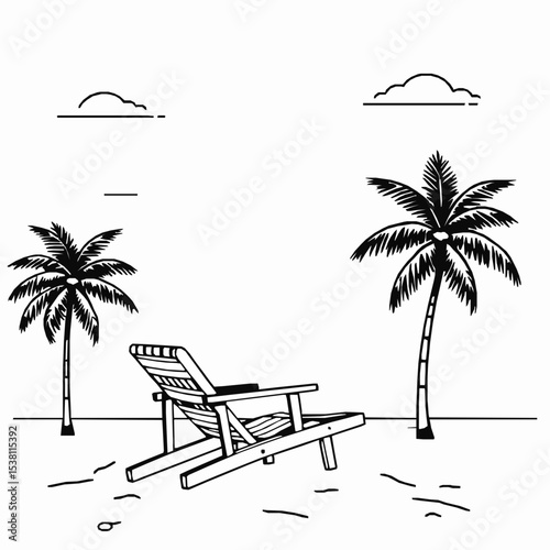 Black and white beach scene with palm trees and deck chair illustration