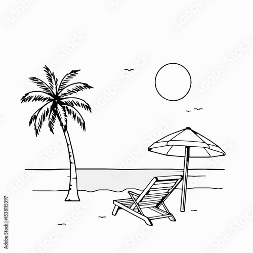 Tropical beach scene featuring palm tree sun umbrella and deck chair illustration