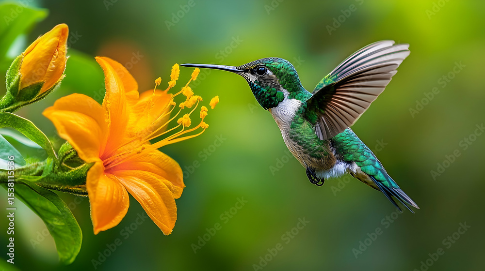 Naklejka premium A hummingbird in flight, hovering near a vibrant orange flower.