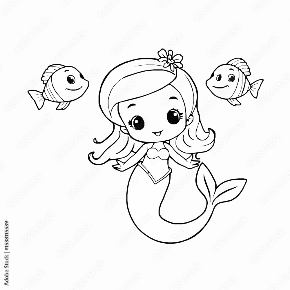 Fototapeta premium Cute little mermaid with flower and two friendly fishes line art vector