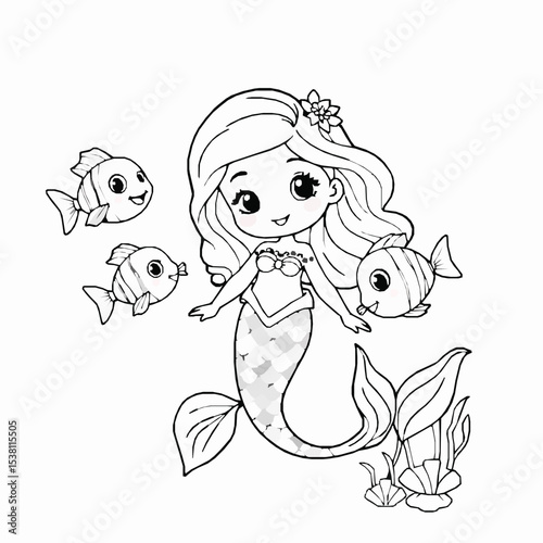 Adorable mermaid coloring page with friendly fishes and ocean flora vector illustration