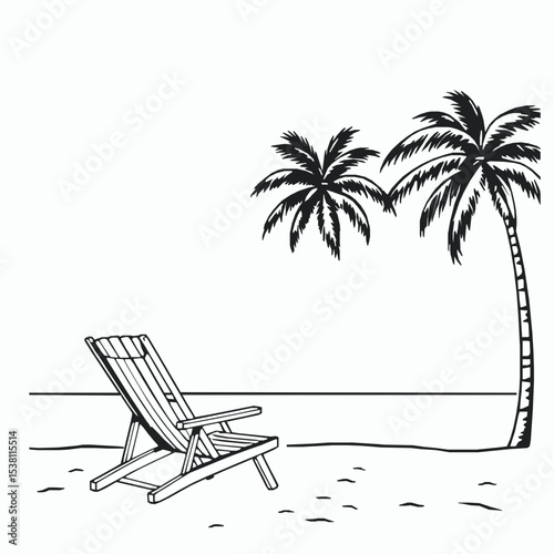 Tropical beach scene with palm trees and deck chair line art illustration