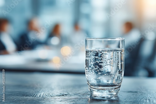 Wallpaper Mural Glass of water and blurred office meeting on background. Finance trading. High quality Torontodigital.ca