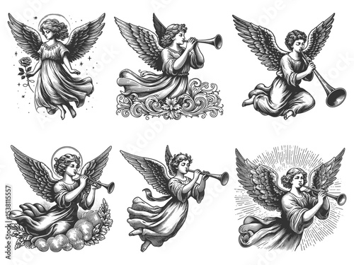 angels playing trumpets and horns, depicted with wings, halos, and flowing robes Set collection bundle sketch engraving generative ai vector illustration. Scratch board. Black and white image.