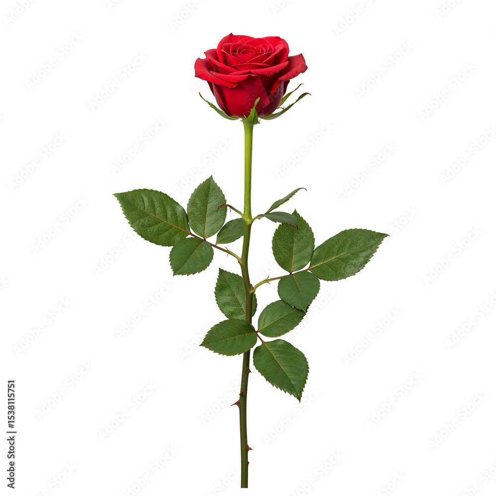 Fototapeta premium Single red rose stem isolated on transparent background