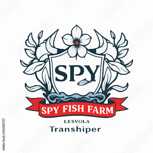 Elegant fish farm logo depicting crest flower and ribbon banner design with aquatic elements