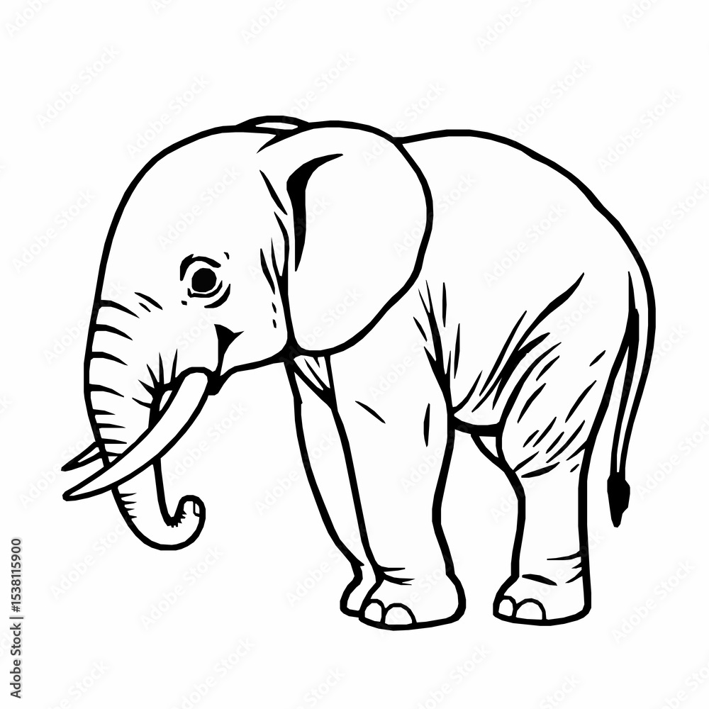 Obraz premium Black and white elephant illustration standing with detailed outline vector art